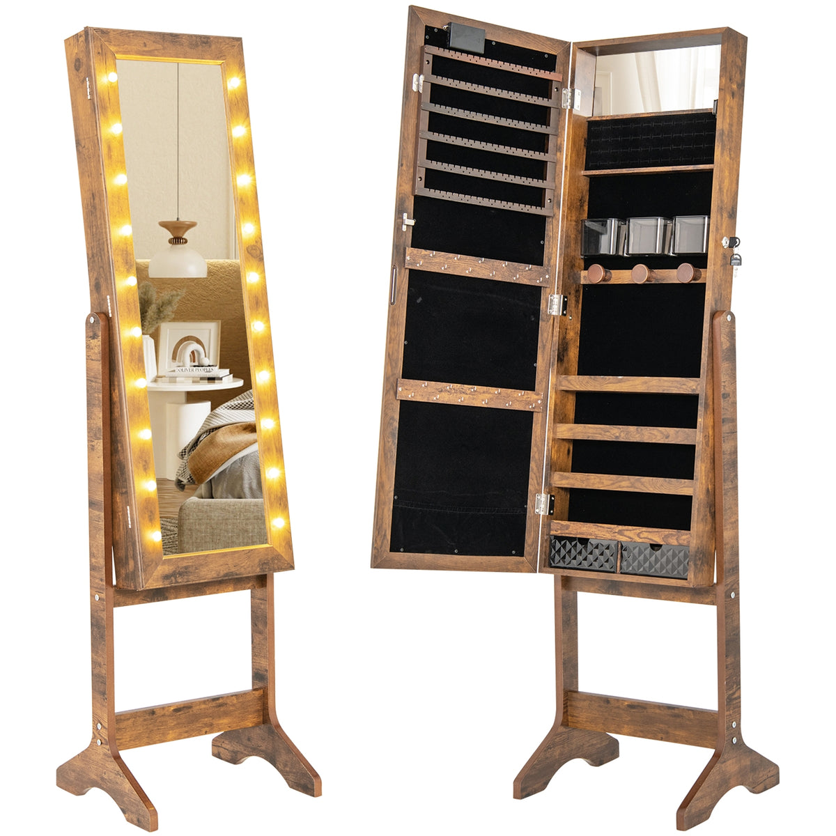 Mirror Jewelry Cabinet with 20 Warm Lights and 4 Tilt Angles-Rustic Brown-Jewelry Armoires-DECOROLALA