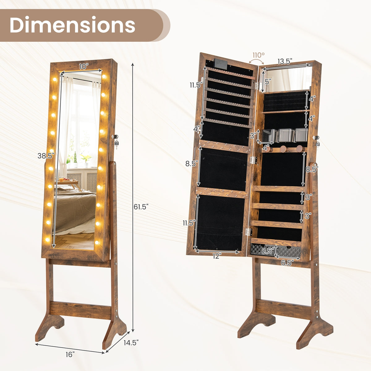 Mirror Jewelry Cabinet with 20 Warm Lights and 4 Tilt Angles-Rustic Brown-Jewelry Armoires-DECOROLALA