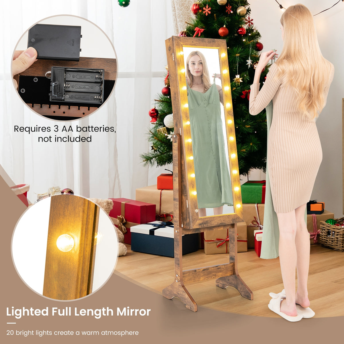 Mirror Jewelry Cabinet with 20 Warm Lights and 4 Tilt Angles-Rustic Brown-Jewelry Armoires-DECOROLALA