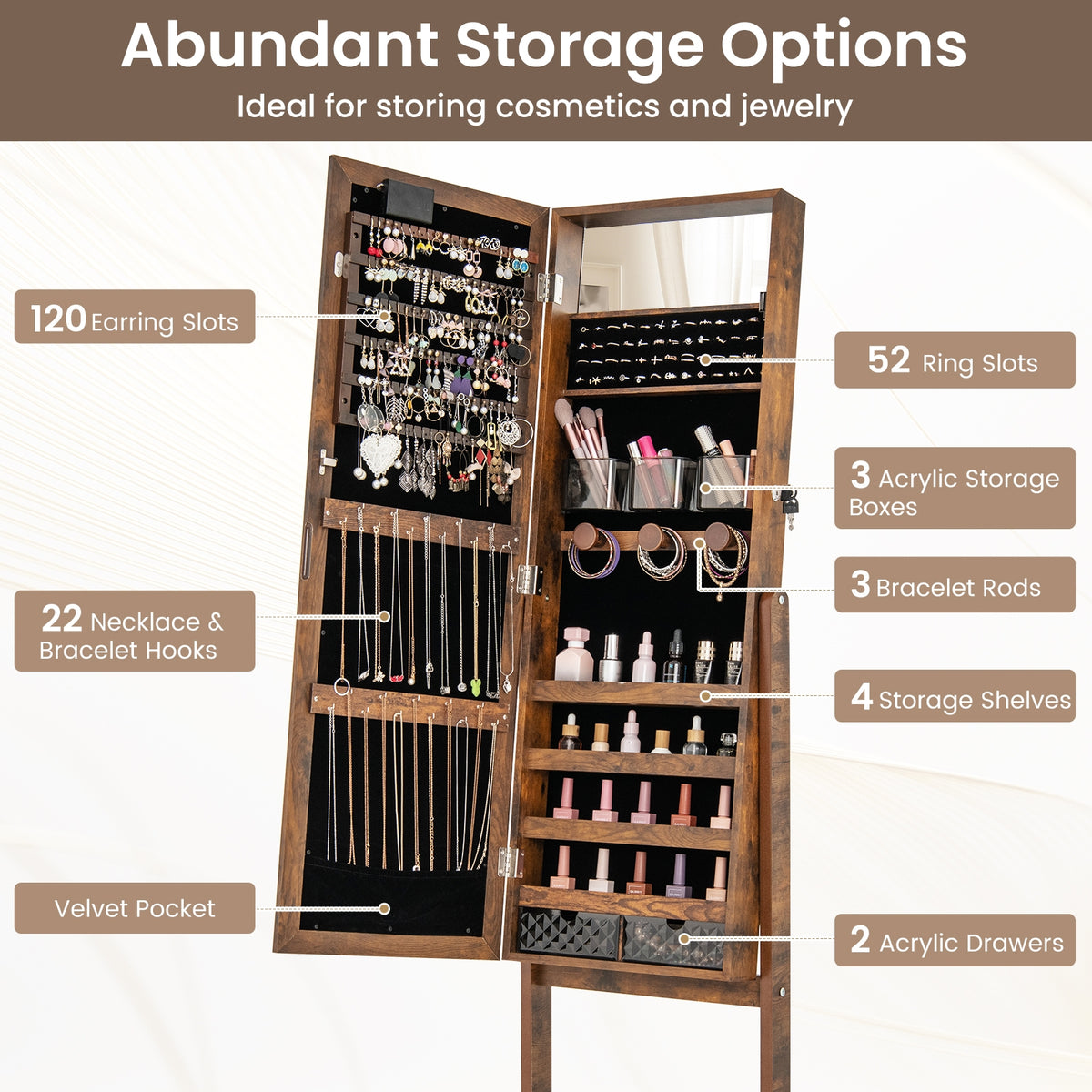 Mirror Jewelry Cabinet with 20 Warm Lights and 4 Tilt Angles-Rustic Brown-Jewelry Armoires-DECOROLALA