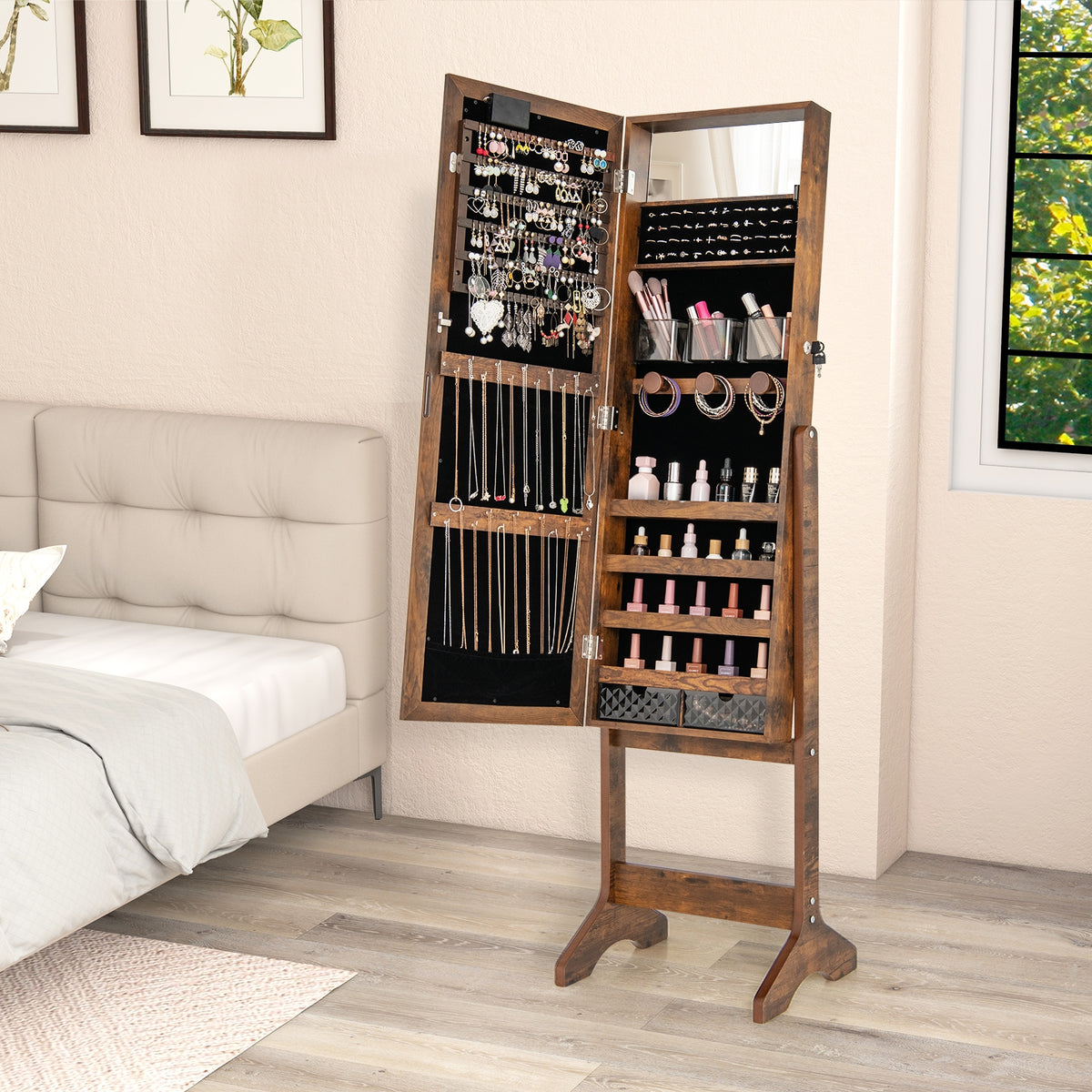 Mirror Jewelry Cabinet with 20 Warm Lights and 4 Tilt Angles-Rustic Brown-Jewelry Armoires-DECOROLALA