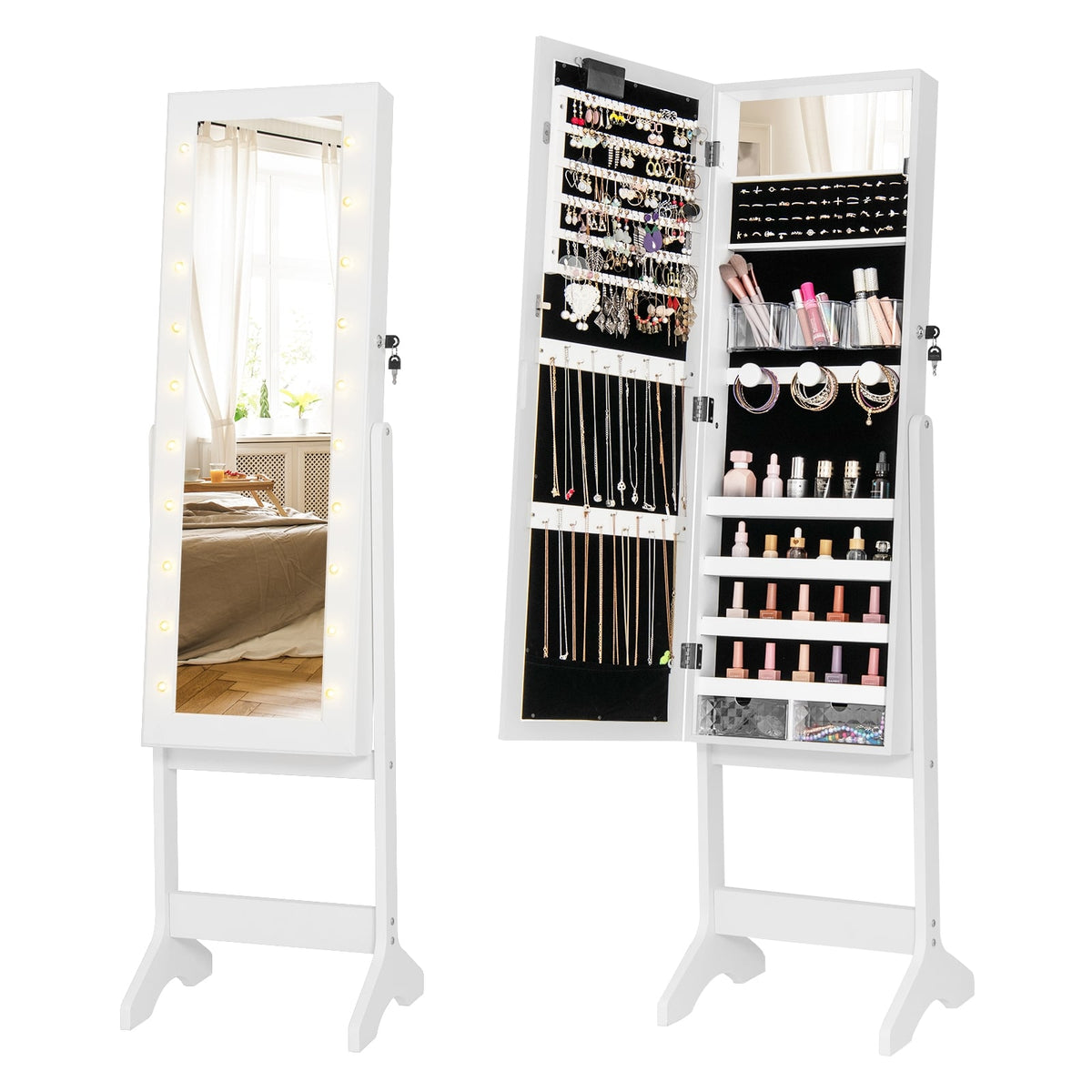 Mirror Jewelry Cabinet with 20 Warm Lights and 4 Tilt Angles-White-Jewelry Armoires-DECOROLALA