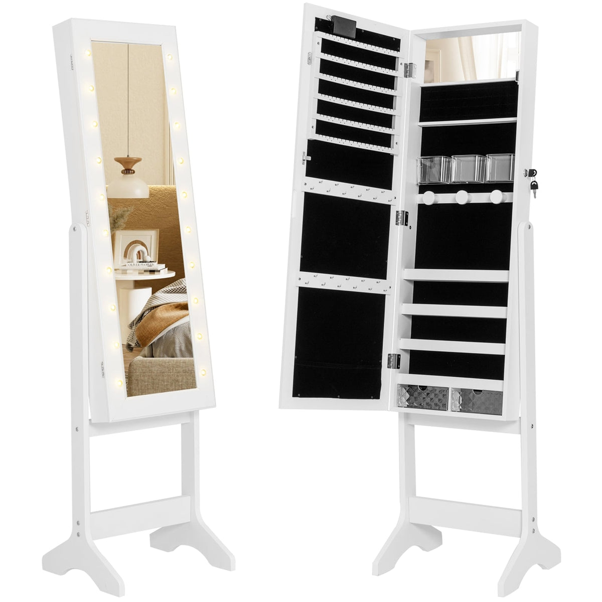 Mirror Jewelry Cabinet with 20 Warm Lights and 4 Tilt Angles-White-Jewelry Armoires-DECOROLALA