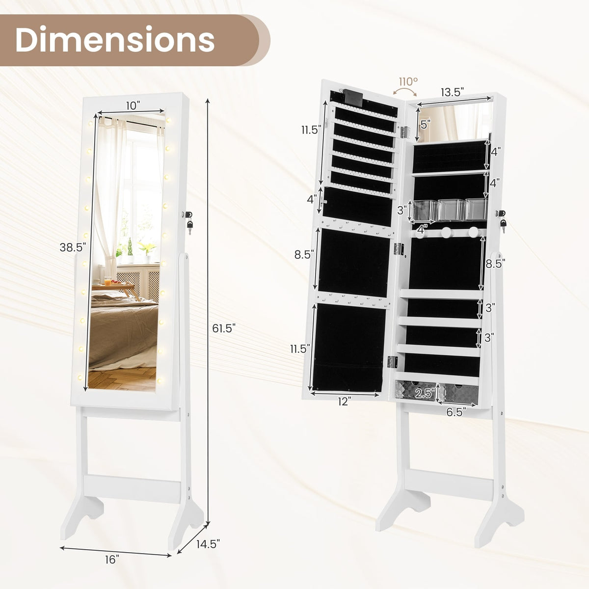 Mirror Jewelry Cabinet with 20 Warm Lights and 4 Tilt Angles-White-Jewelry Armoires-DECOROLALA