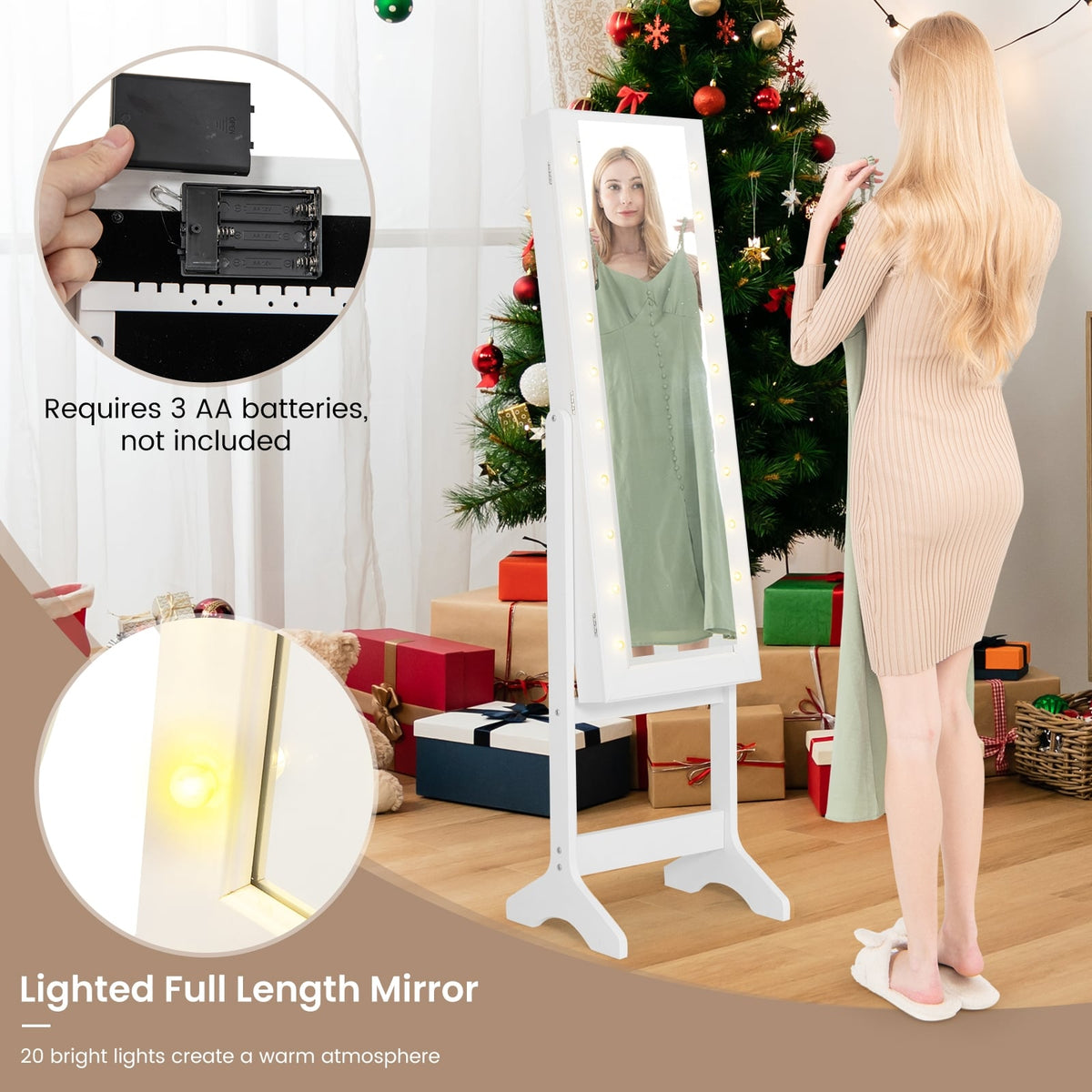 Mirror Jewelry Cabinet with 20 Warm Lights and 4 Tilt Angles-White-Jewelry Armoires-DECOROLALA