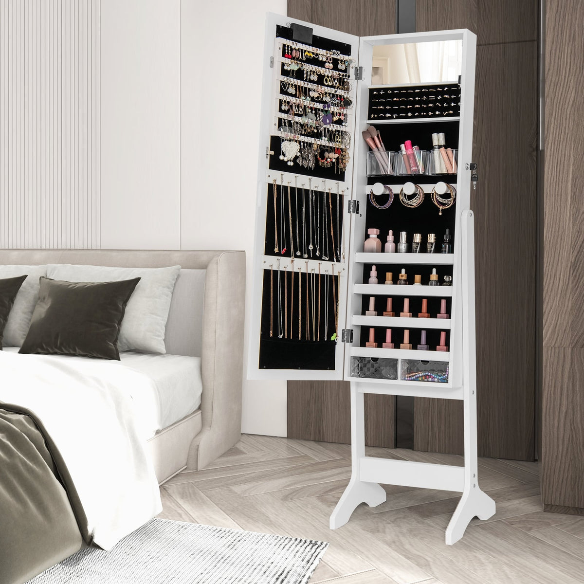 Mirror Jewelry Cabinet with 20 Warm Lights and 4 Tilt Angles-White-Jewelry Armoires-DECOROLALA
