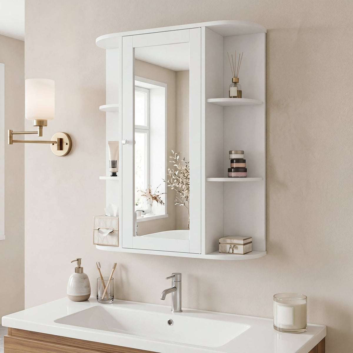 Mirrored Bathroom Medicine Cabinet - White Wall Mount MDF 23.5"-Wall Cabinets-DECOROLALA