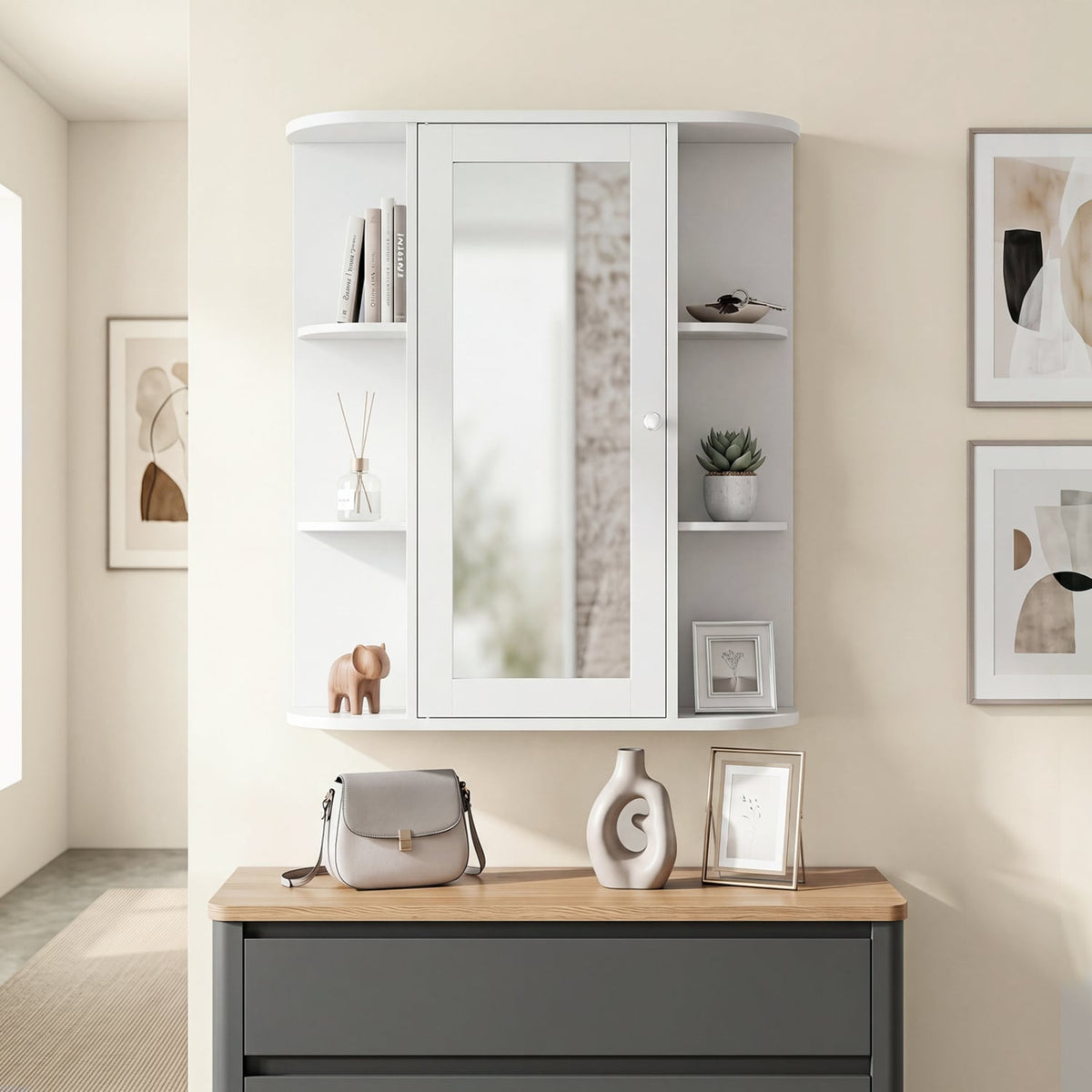 Mirrored Bathroom Medicine Cabinet - White Wall Mount MDF 23.5"-Wall Cabinets-DECOROLALA