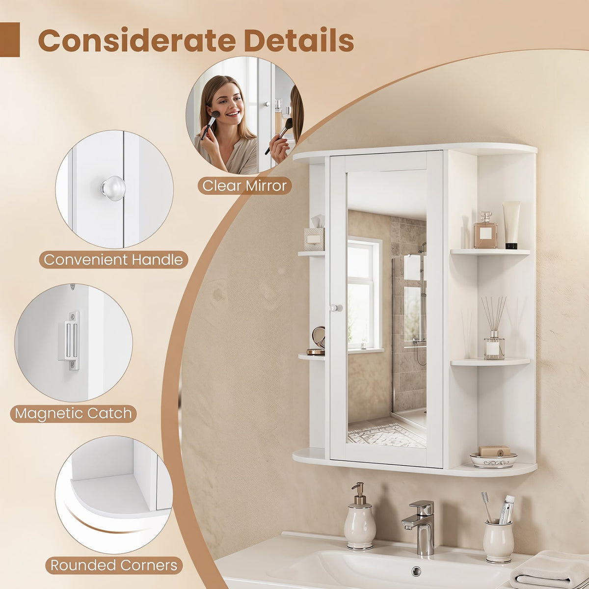 Mirrored Bathroom Medicine Cabinet - White Wall Mount MDF 23.5"-Wall Cabinets-DECOROLALA