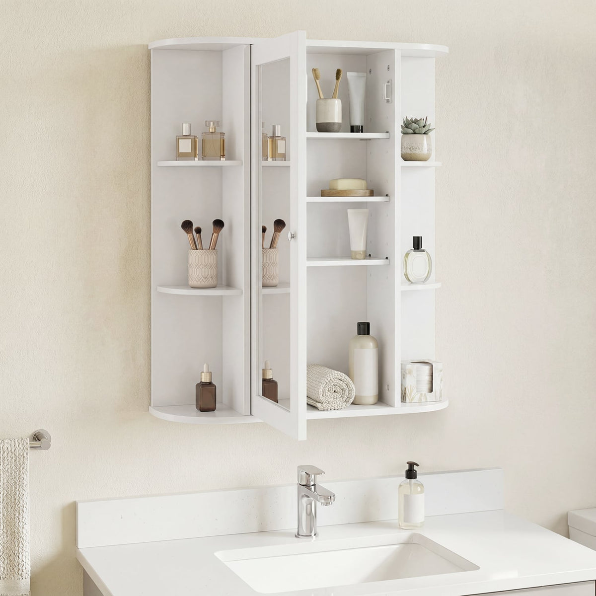 Mirrored Bathroom Medicine Cabinet - White Wall Mount MDF 23.5"-Wall Cabinets-DECOROLALA