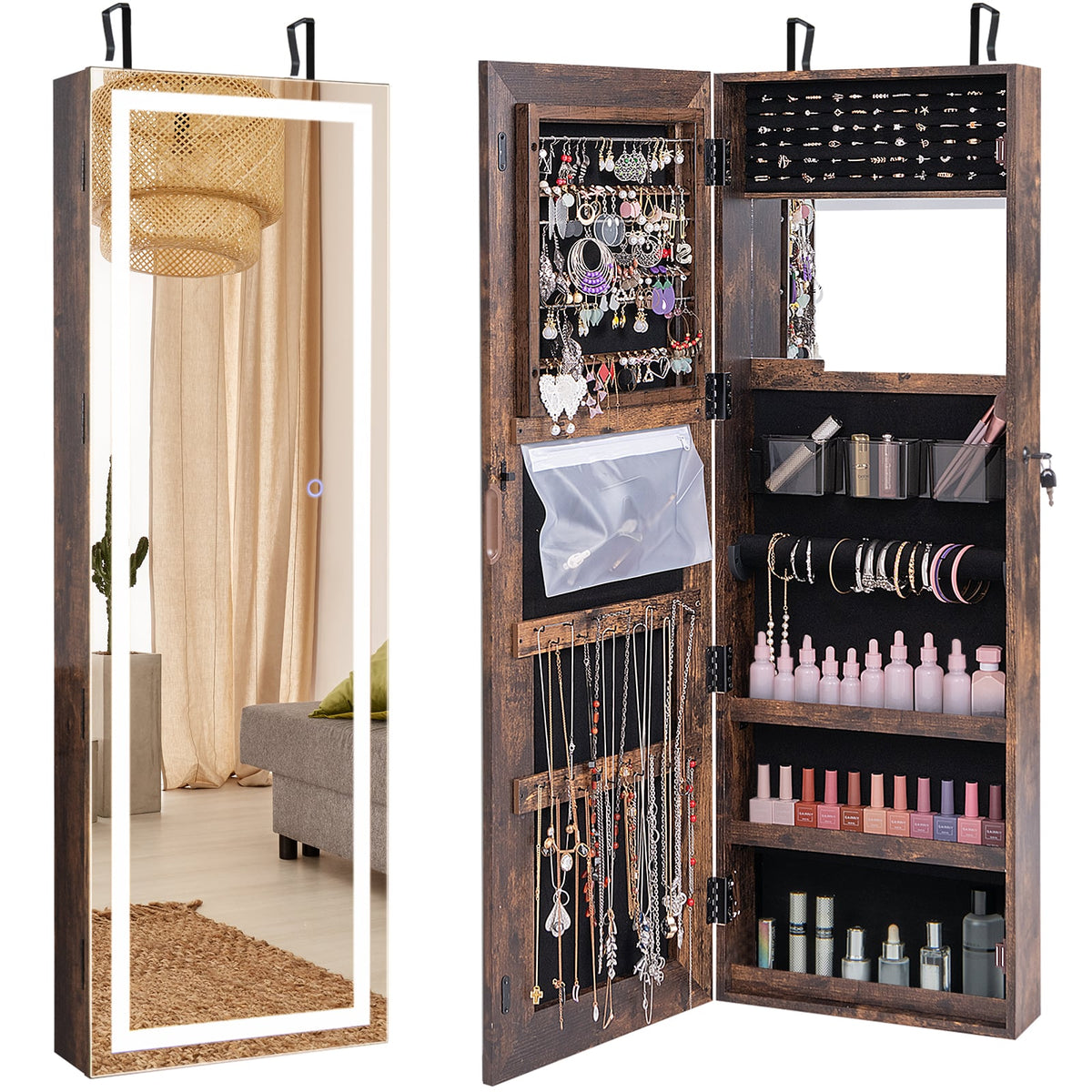 Mirrored Jewelry Armoire with Full Length Mirror and 2 Internal LED Lights-Rustic Brown-Jewelry Armoires-DECOROLALA