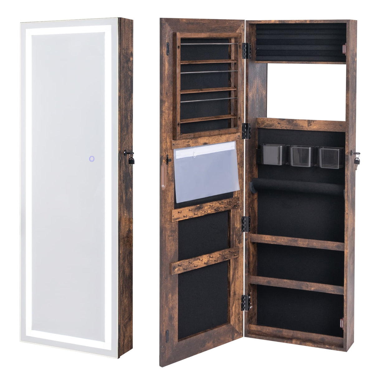 Mirrored Jewelry Armoire with Full Length Mirror and 2 Internal LED Lights-Rustic Brown-Jewelry Armoires-DECOROLALA