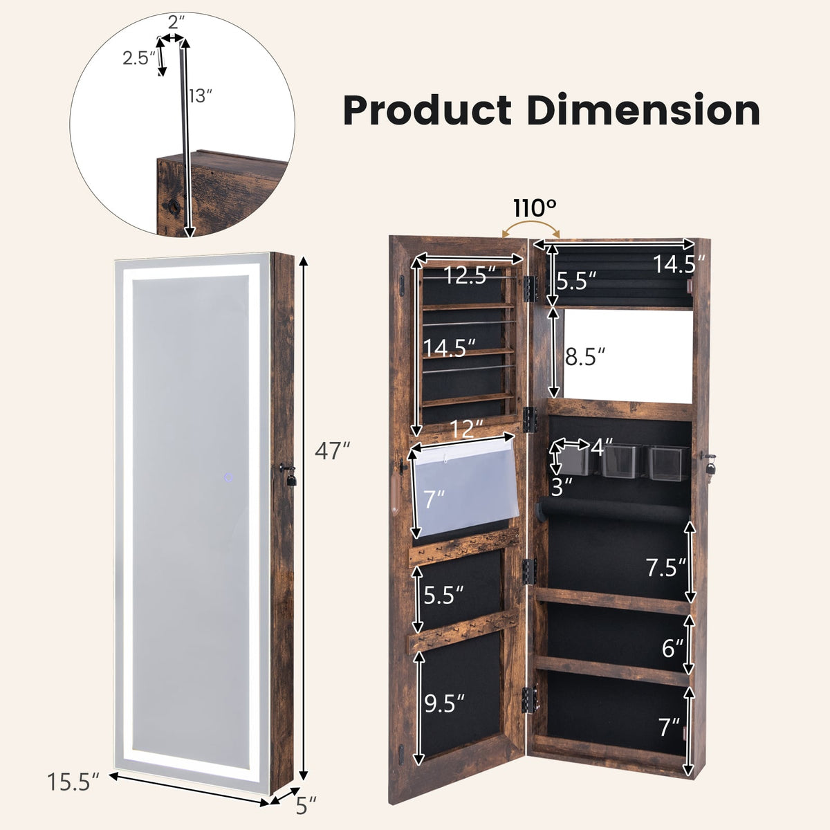 Mirrored Jewelry Armoire with Full Length Mirror and 2 Internal LED Lights-Rustic Brown-Jewelry Armoires-DECOROLALA