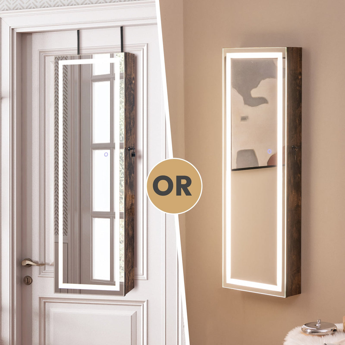 Mirrored Jewelry Armoire with Full Length Mirror and 2 Internal LED Lights-Rustic Brown-Jewelry Armoires-DECOROLALA