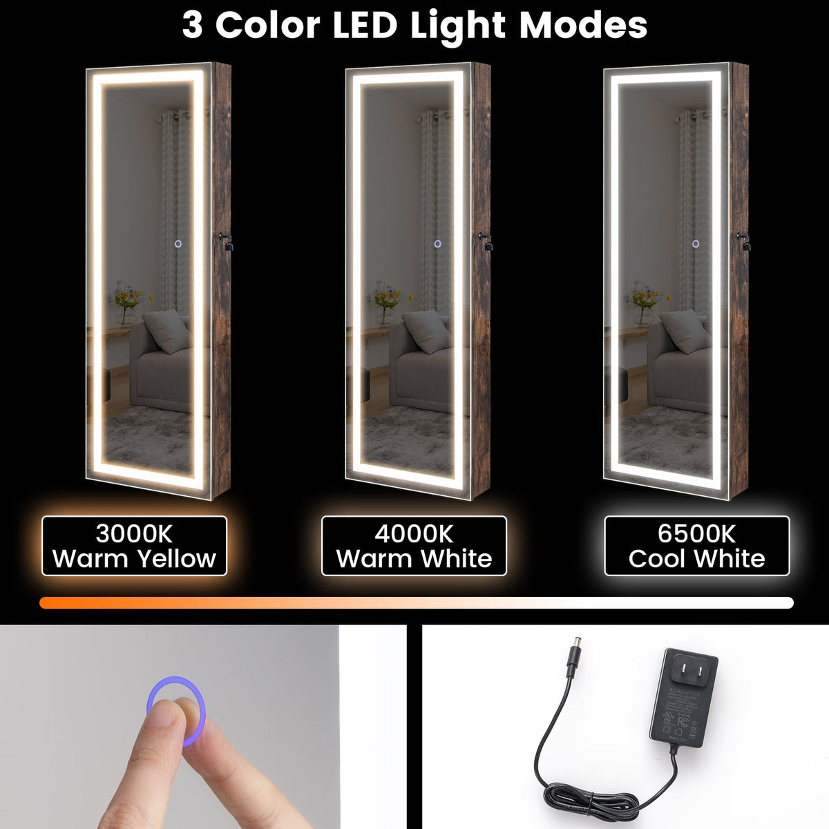 Mirrored Jewelry Armoire with Full Length Mirror and 2 Internal LED Lights-Rustic Brown-Jewelry Armoires-DECOROLALA