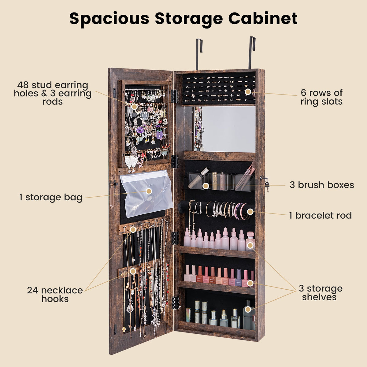 Mirrored Jewelry Armoire with Full Length Mirror and 2 Internal LED Lights-Rustic Brown-Jewelry Armoires-DECOROLALA