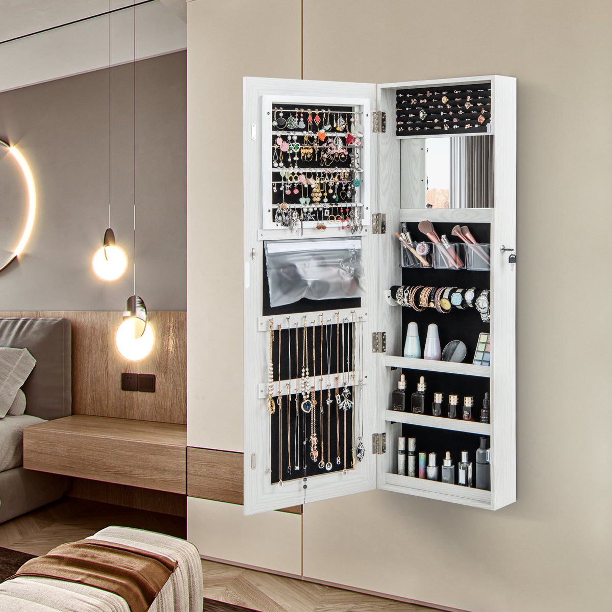 Mirrored Jewelry Armoire with Full Length Mirror and 2 Internal LED Lights-White-Jewelry Armoires-DECOROLALA