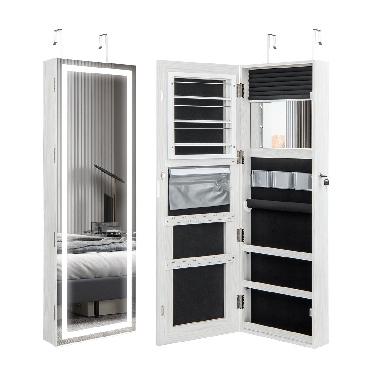 Mirrored Jewelry Armoire with Full Length Mirror and 2 Internal LED Lights-White-Jewelry Armoires-DECOROLALA