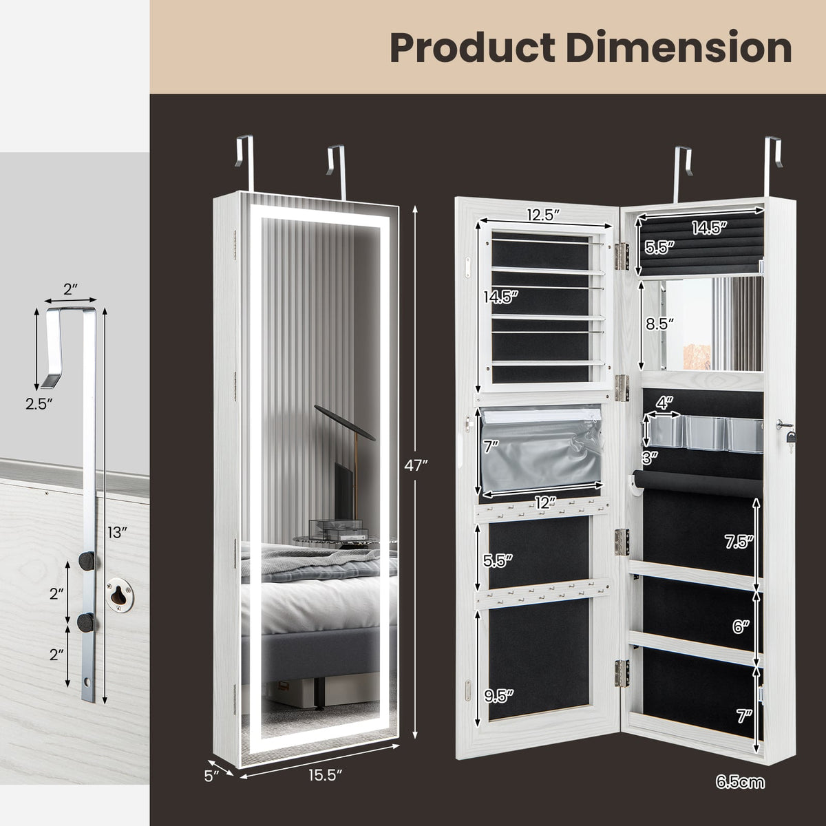 Mirrored Jewelry Armoire with Full Length Mirror and 2 Internal LED Lights-White-Jewelry Armoires-DECOROLALA