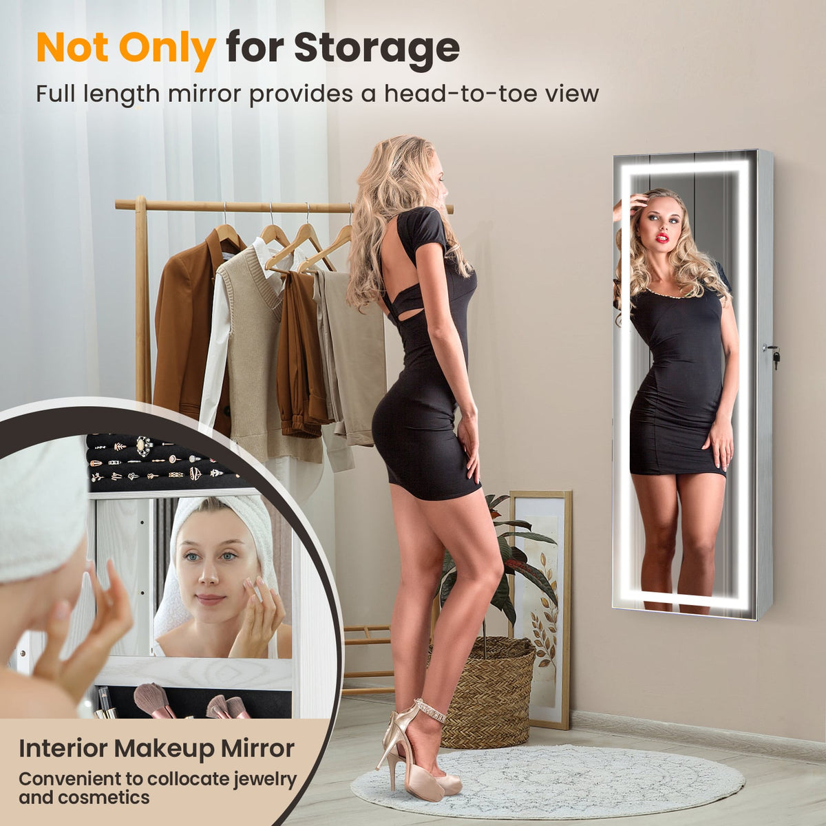 Mirrored Jewelry Armoire with Full Length Mirror and 2 Internal LED Lights-White-Jewelry Armoires-DECOROLALA