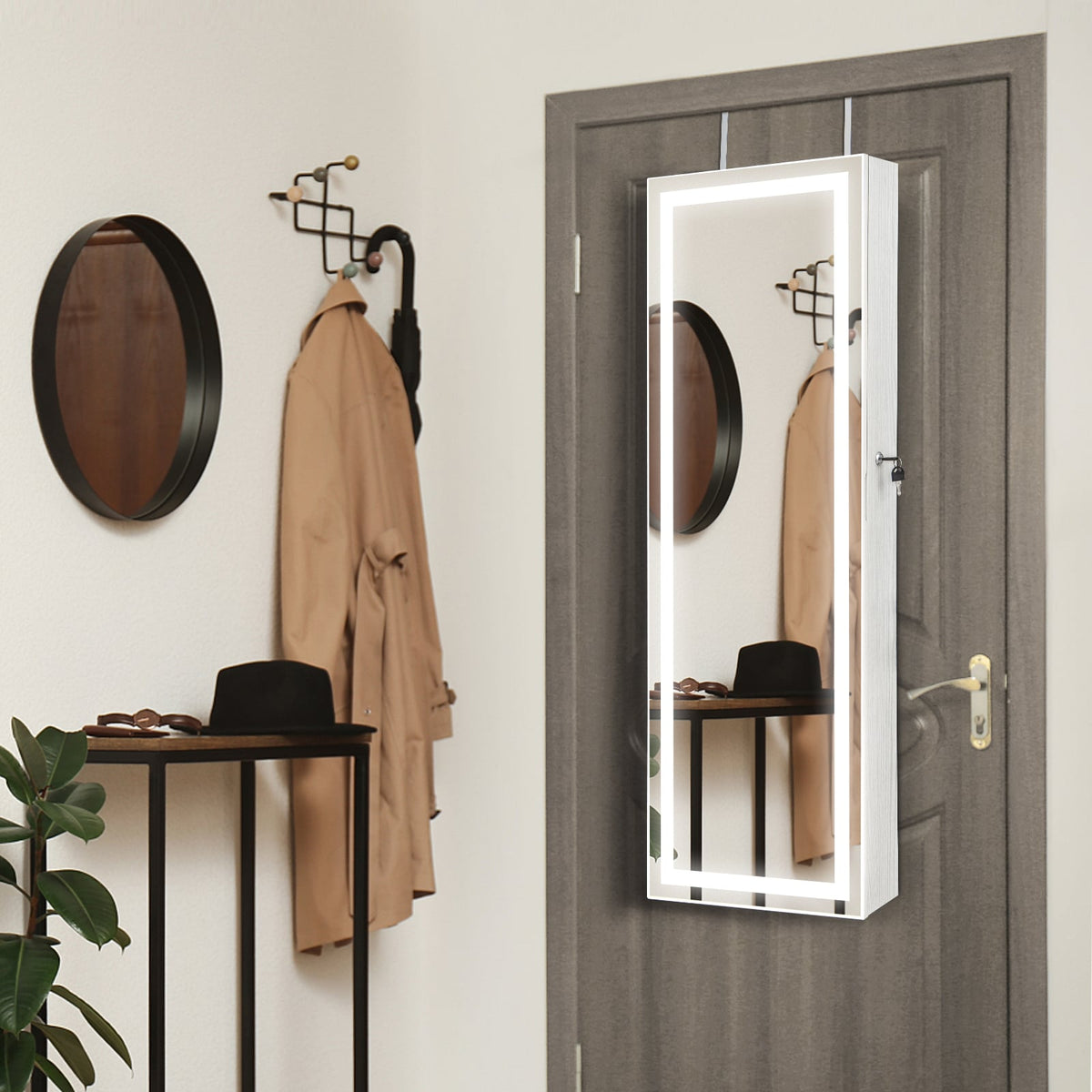 Mirrored Jewelry Armoire with Full Length Mirror and 2 Internal LED Lights-White-Jewelry Armoires-DECOROLALA
