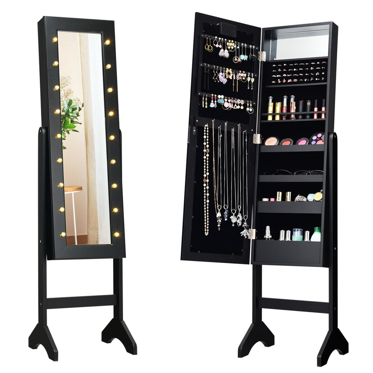 Mirrored Jewelry Cabinet Armoire Organizer w/ LED lights-Black-Jewelry Armoires-DECOROLALA