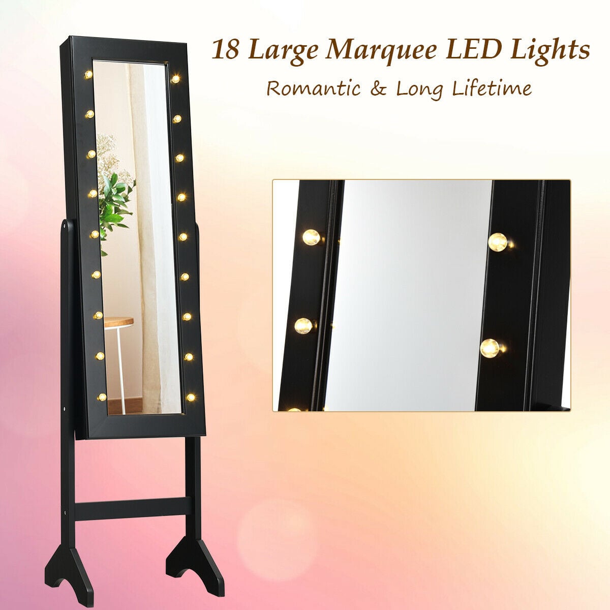 Mirrored Jewelry Cabinet Armoire Organizer w/ LED lights-Black-Jewelry Armoires-DECOROLALA