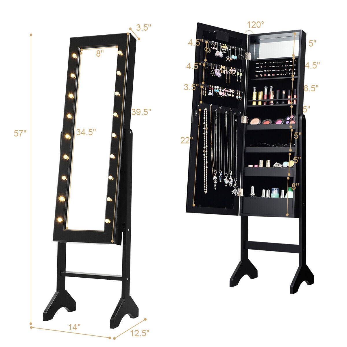 Mirrored Jewelry Cabinet Armoire Organizer w/ LED lights-Black-Jewelry Armoires-DECOROLALA
