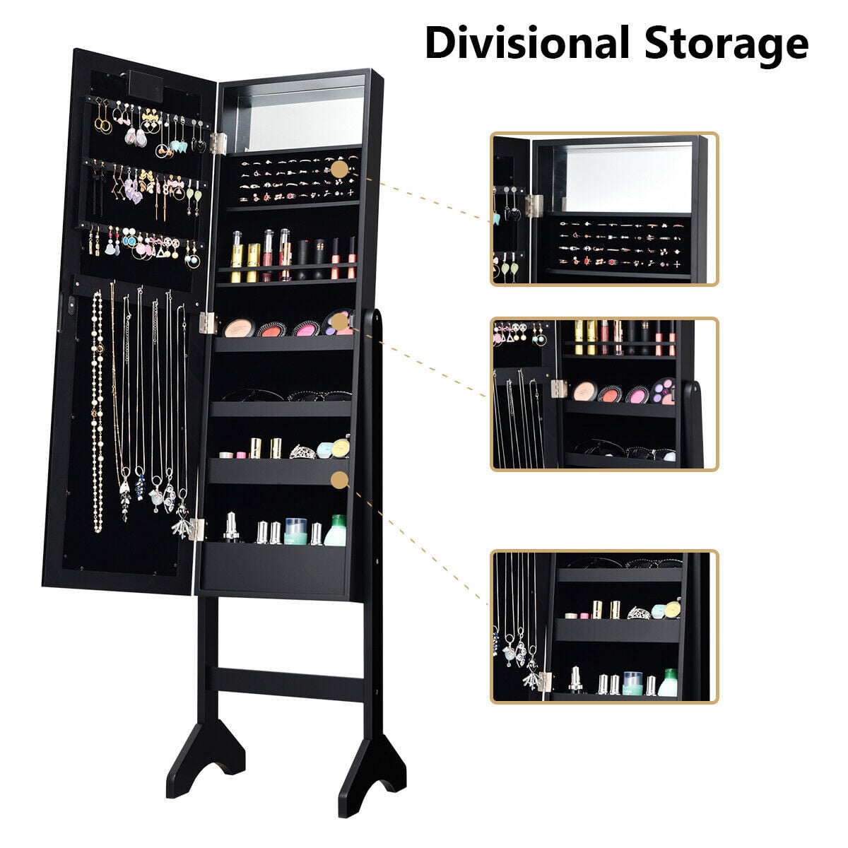 Mirrored Jewelry Cabinet Armoire Organizer w/ LED lights-Black-Jewelry Armoires-DECOROLALA
