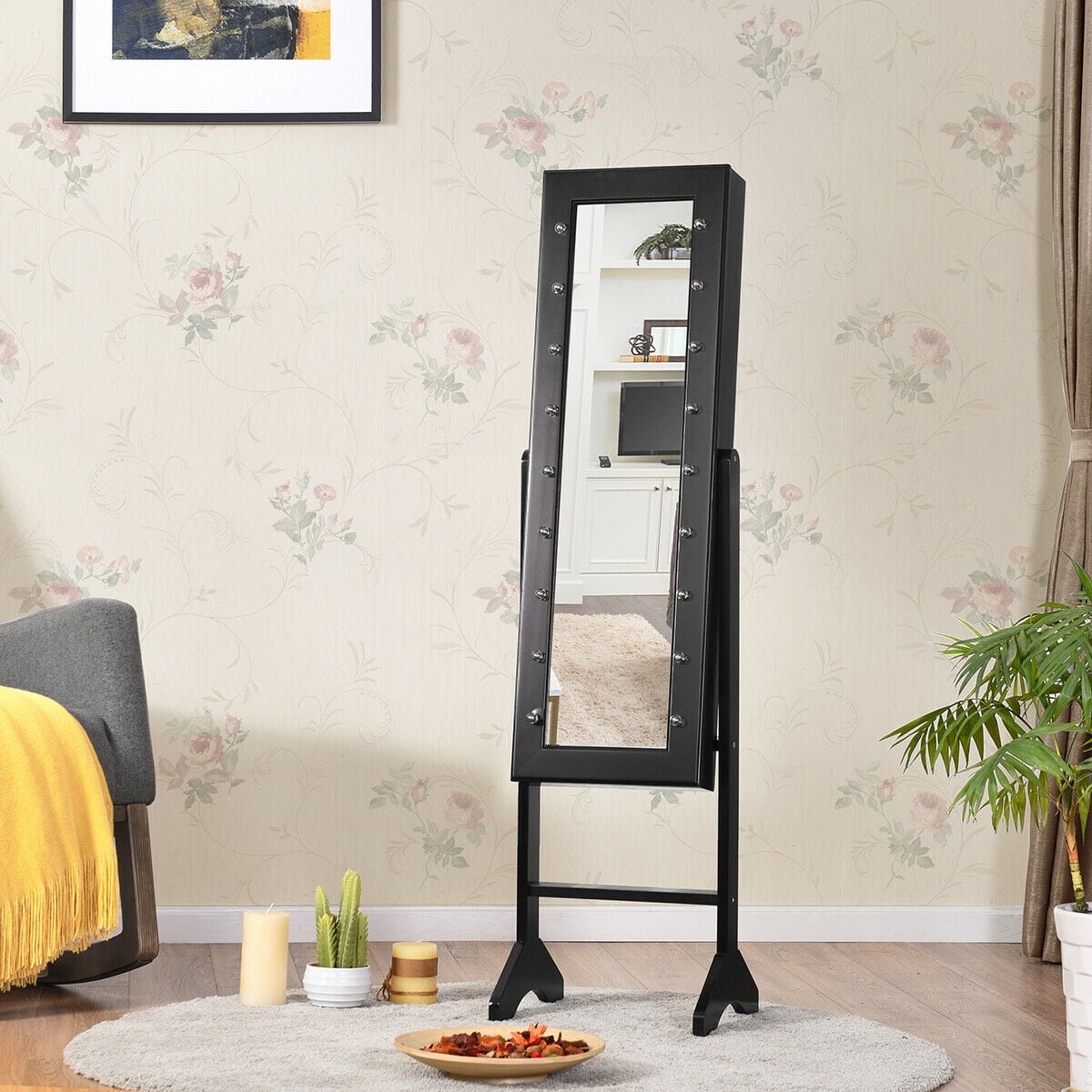 Mirrored Jewelry Cabinet Armoire Organizer w/ LED lights-Black-Jewelry Armoires-DECOROLALA