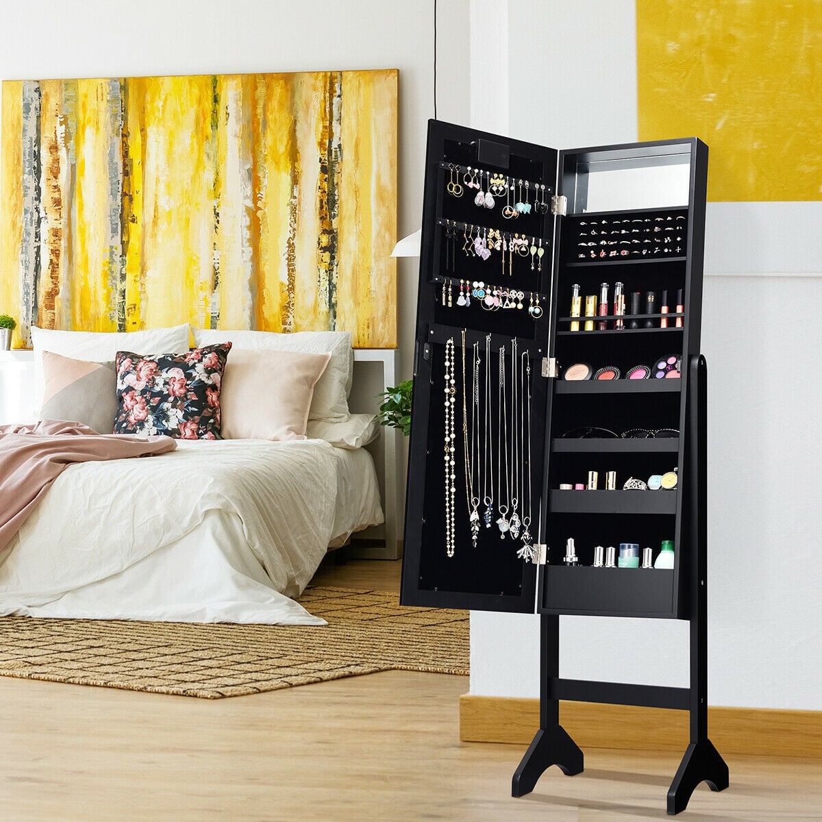 Mirrored Jewelry Cabinet Armoire Organizer w/ LED lights-Black-Jewelry Armoires-DECOROLALA