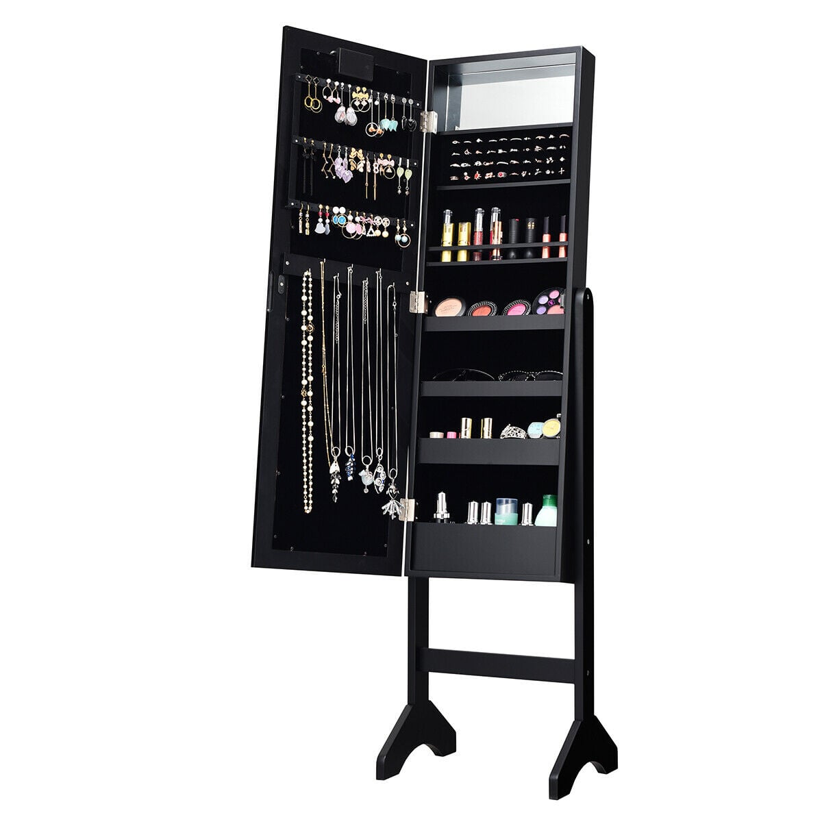 Mirrored Jewelry Cabinet Armoire Organizer w/ LED lights-Black-Jewelry Armoires-DECOROLALA