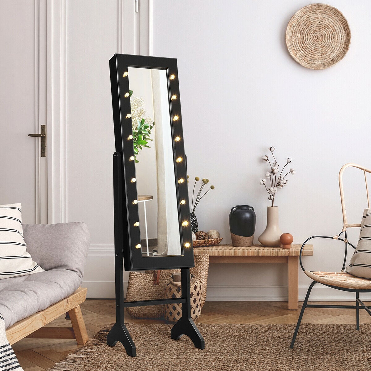 Mirrored Jewelry Cabinet Armoire Organizer w/ LED lights-Black-Jewelry Armoires-DECOROLALA