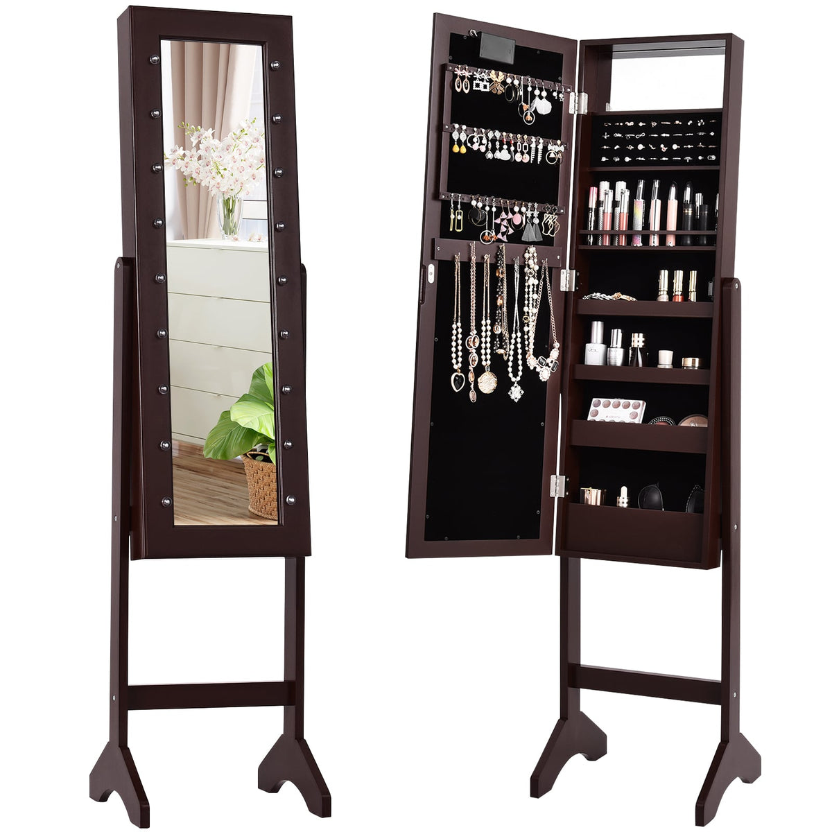 Mirrored Jewelry Cabinet Armoire Organizer w/ LED lights-Brown-Jewelry Armoires-DECOROLALA