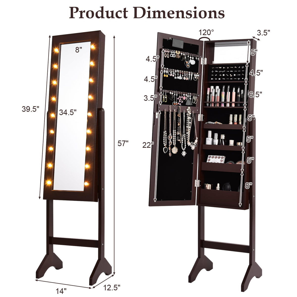 Mirrored Jewelry Cabinet Armoire Organizer w/ LED lights-Brown-Jewelry Armoires-DECOROLALA