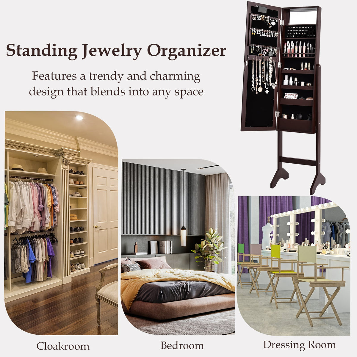 Mirrored Jewelry Cabinet Armoire Organizer w/ LED lights-Brown-Jewelry Armoires-DECOROLALA