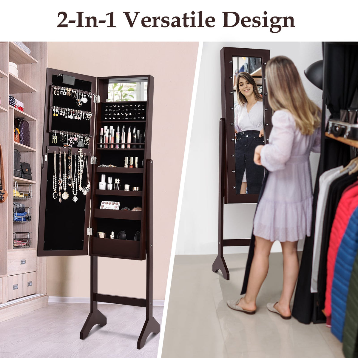Mirrored Jewelry Cabinet Armoire Organizer w/ LED lights-Brown-Jewelry Armoires-DECOROLALA