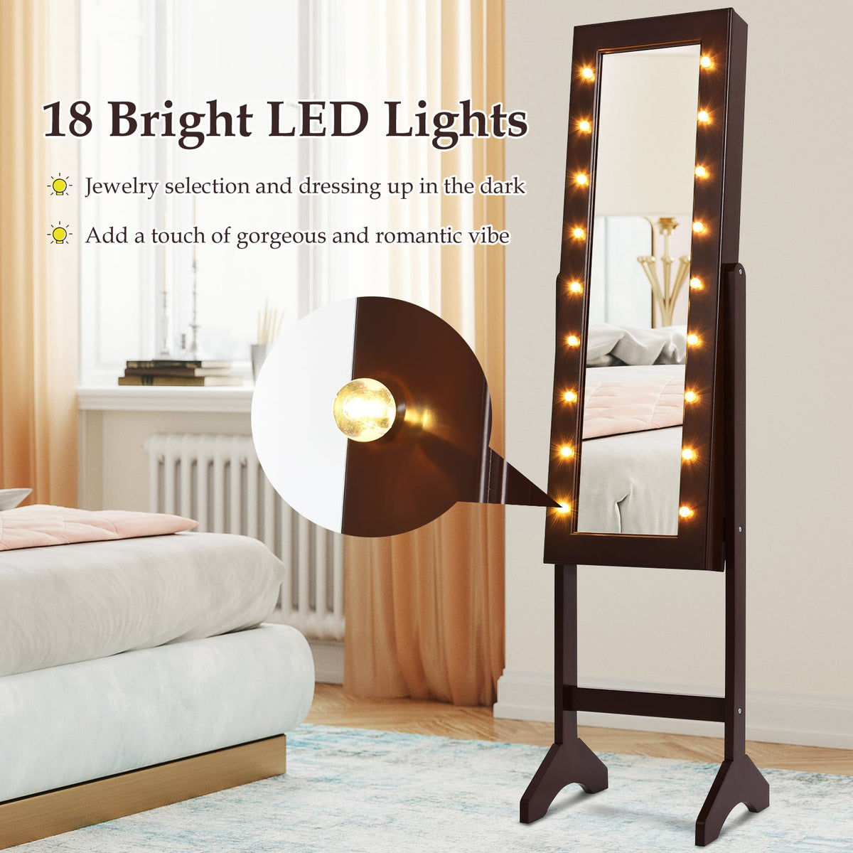 Mirrored Jewelry Cabinet Armoire Organizer w/ LED lights-Brown-Jewelry Armoires-DECOROLALA