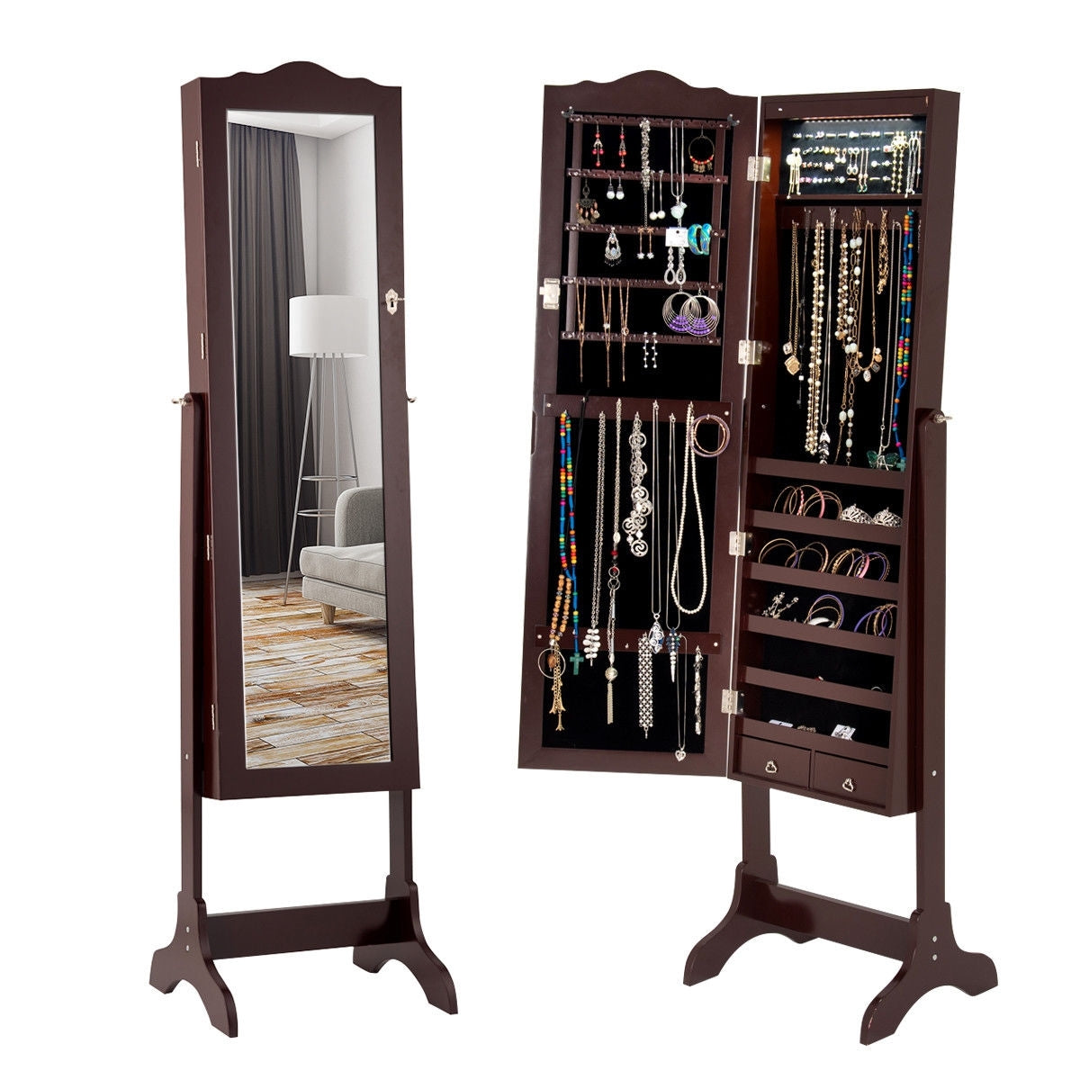 Mirrored Jewelry Cabinet Storage With Drawer And Led Lights -Coffee-Jewelry Armoires-DECOROLALA