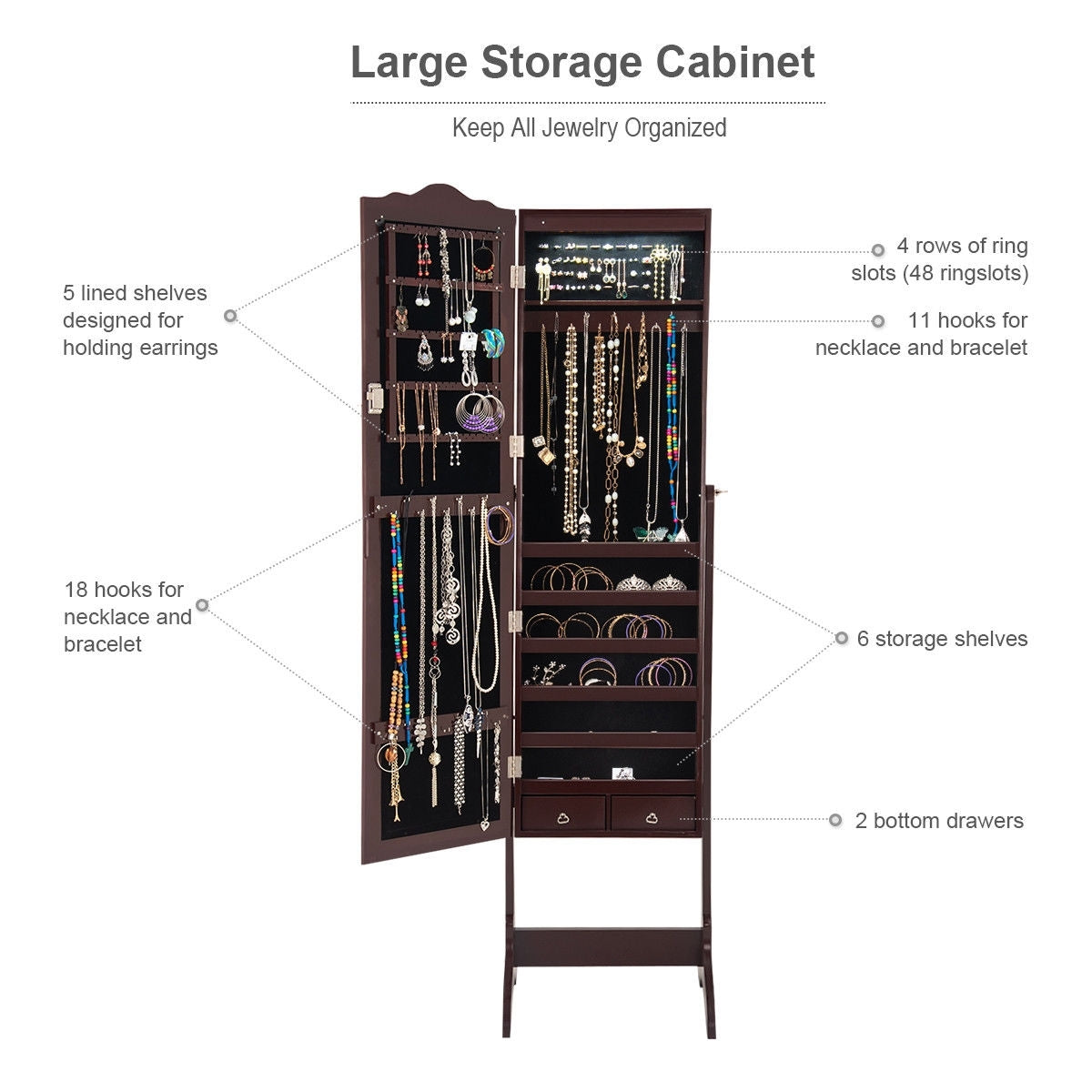 Mirrored Jewelry Cabinet Storage With Drawer And Led Lights -Coffee-Jewelry Armoires-DECOROLALA
