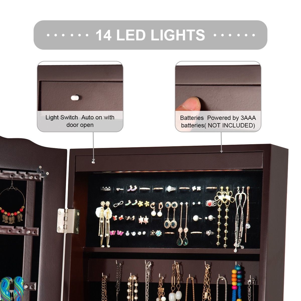 Mirrored Jewelry Cabinet Storage With Drawer And Led Lights -Coffee-Jewelry Armoires-DECOROLALA