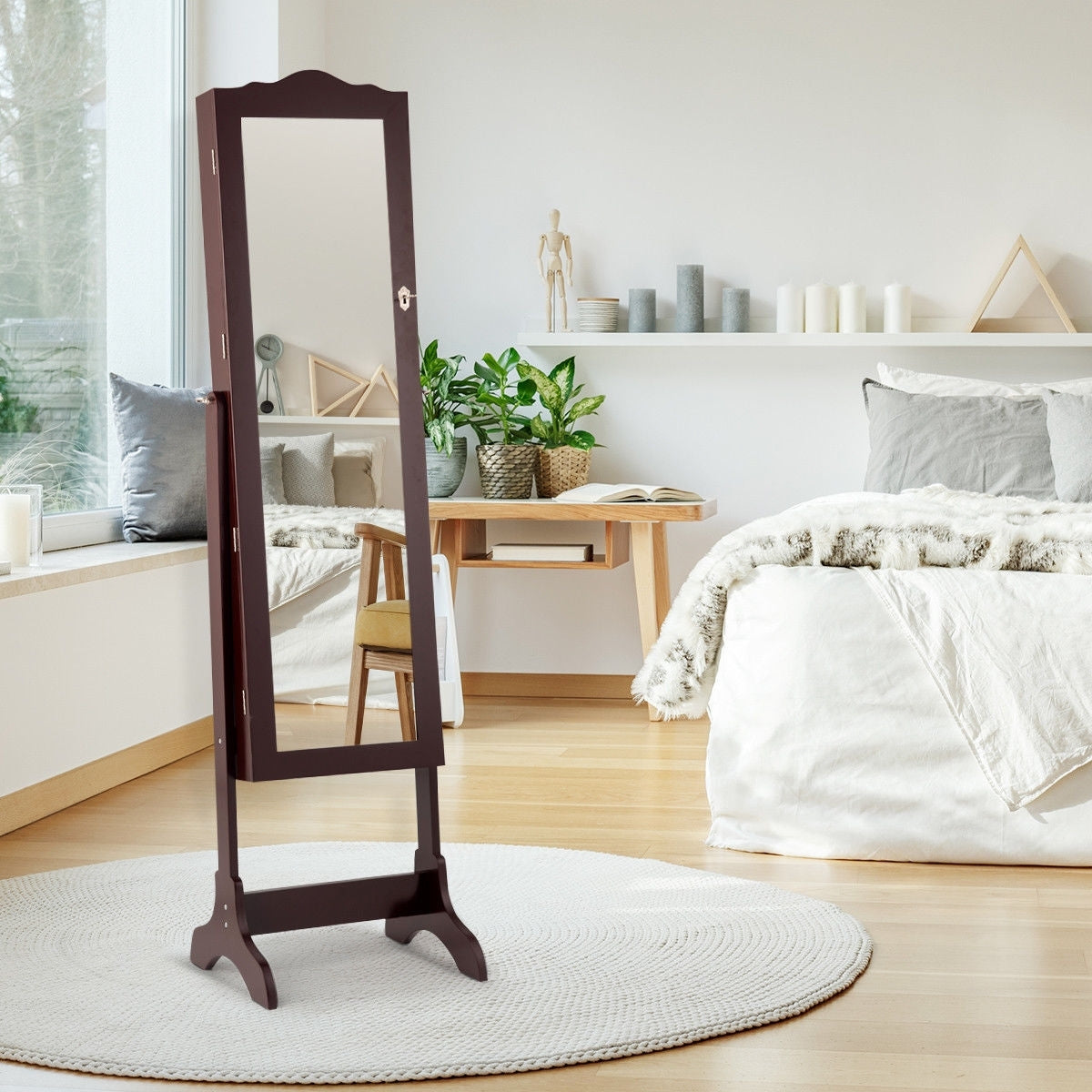 Mirrored Jewelry Cabinet Storage With Drawer And Led Lights -Coffee-Jewelry Armoires-DECOROLALA