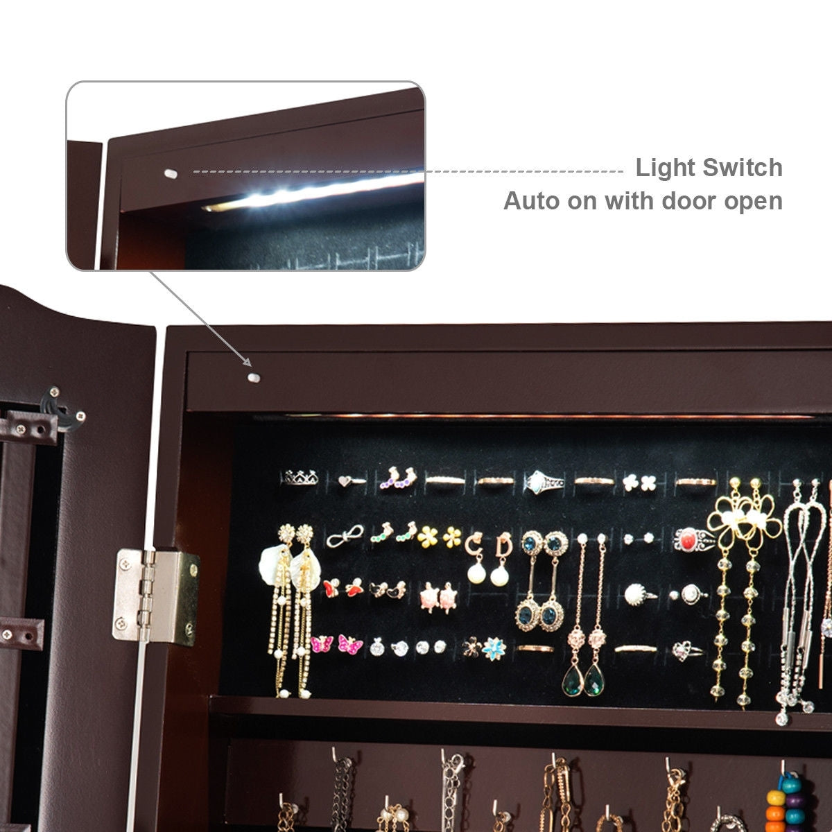 Mirrored Jewelry Cabinet Storage With Drawer And Led Lights -Coffee-Jewelry Armoires-DECOROLALA