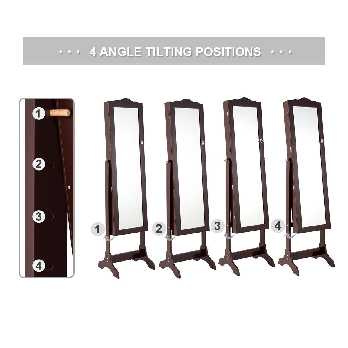 Mirrored Jewelry Cabinet Storage With Drawer And Led Lights -Coffee-Jewelry Armoires-DECOROLALA