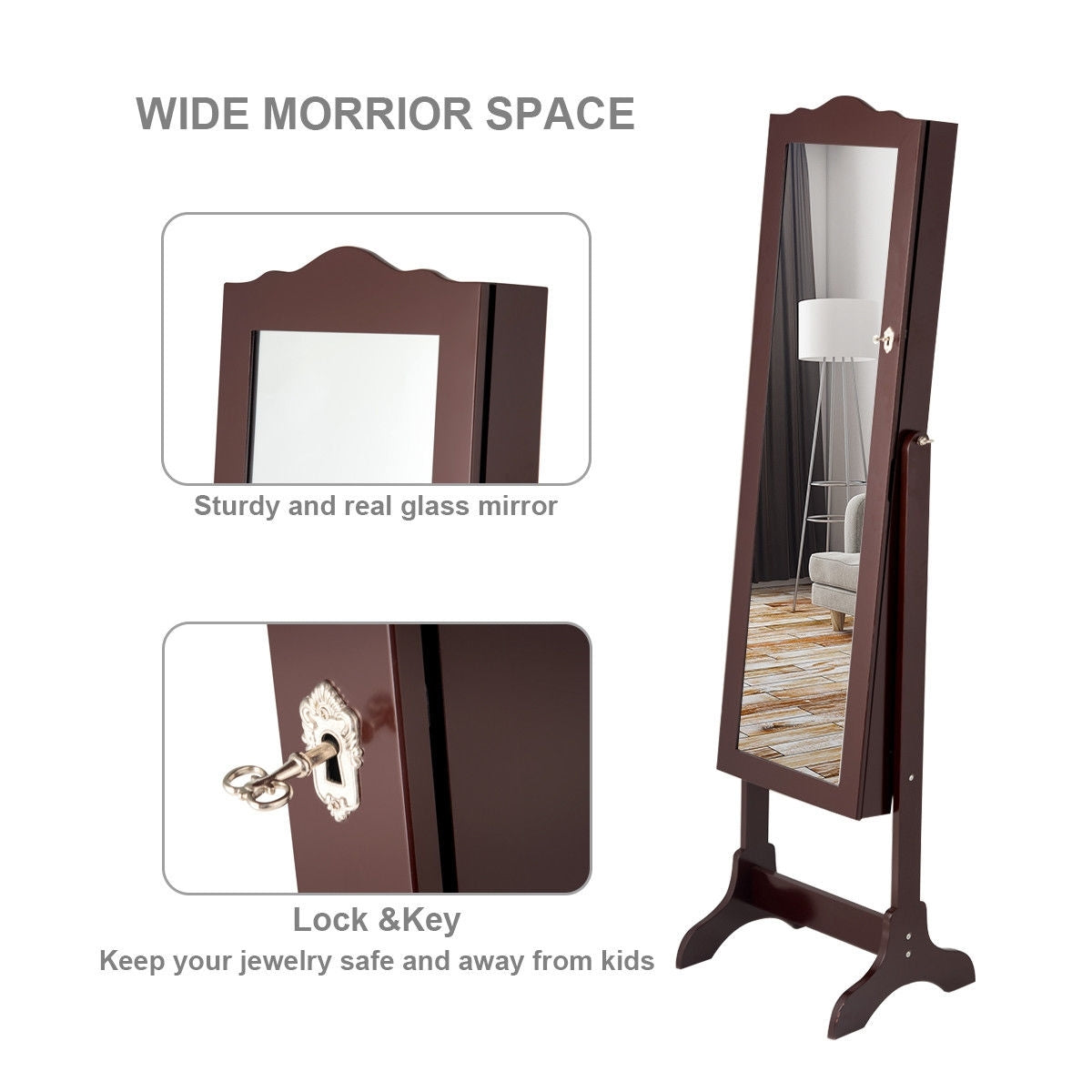 Mirrored Jewelry Cabinet Storage With Drawer And Led Lights -Coffee-Jewelry Armoires-DECOROLALA