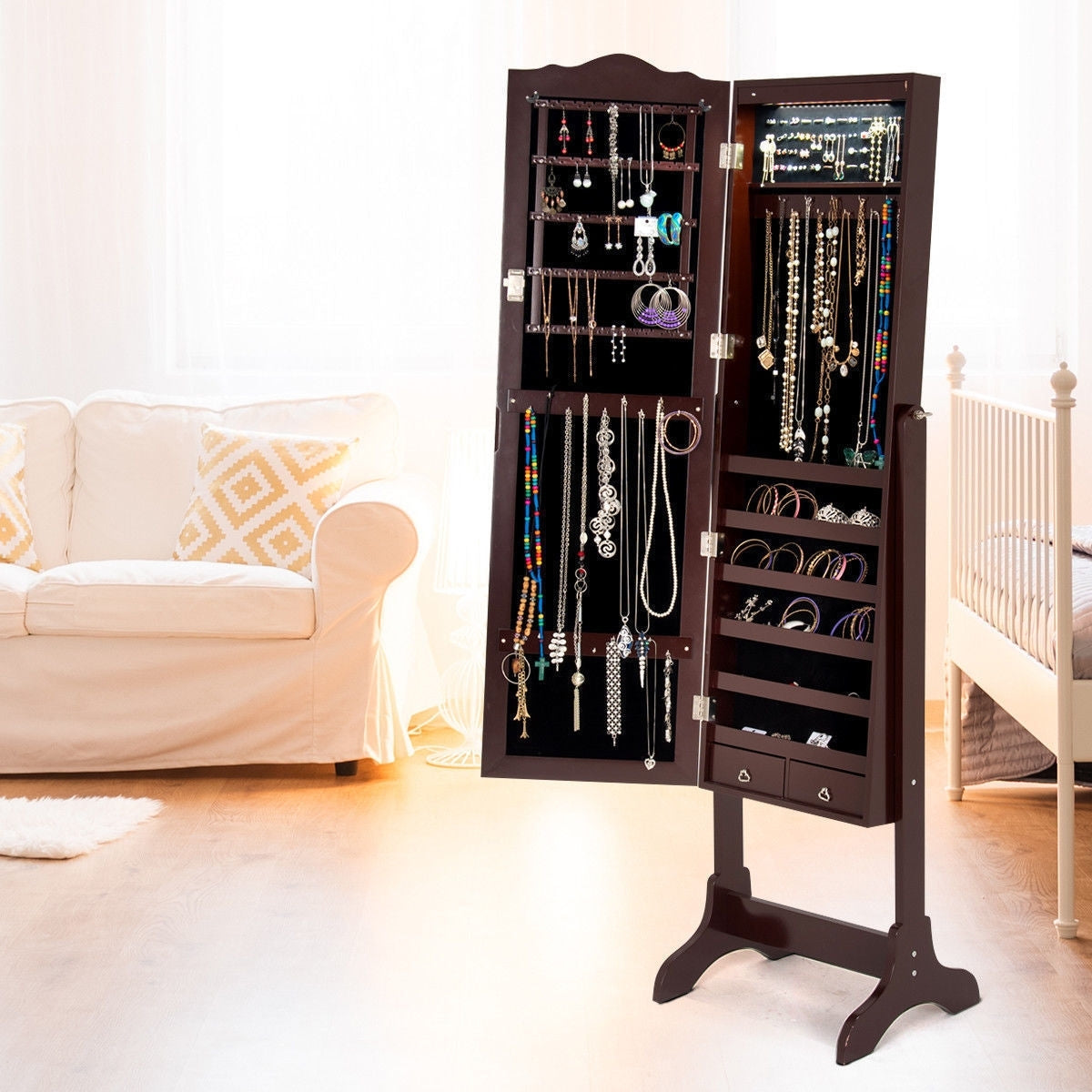 Mirrored Jewelry Cabinet Storage With Drawer And Led Lights -Coffee-Jewelry Armoires-DECOROLALA