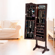 Mirrored Jewelry Cabinet Storage With Drawer And Led Lights -Coffee-Jewelry Armoires-DECOROLALA
