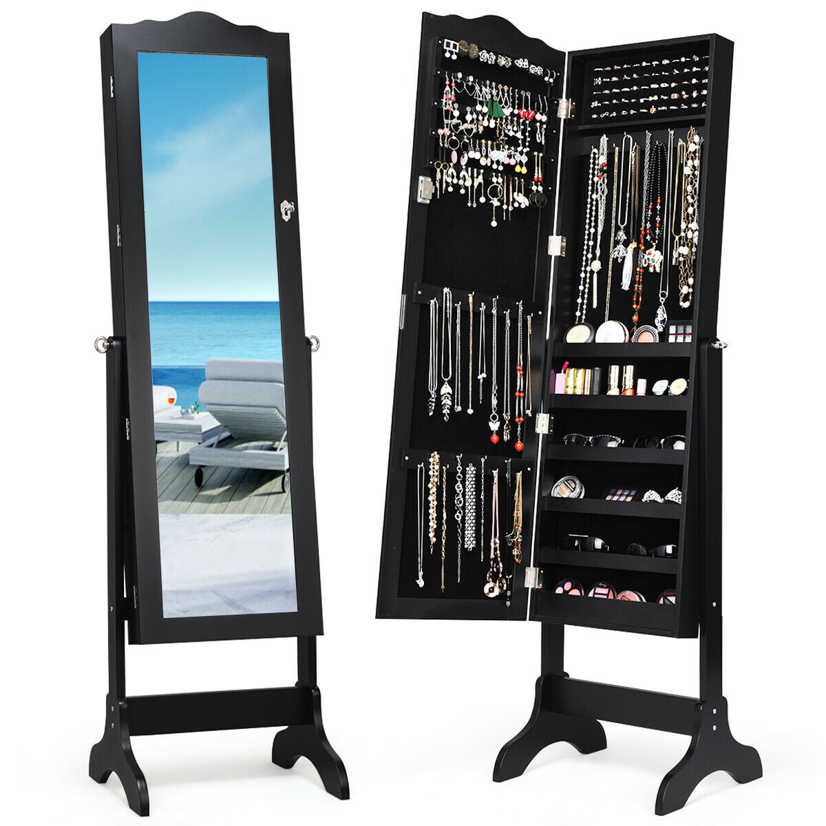 Mirrored Lockable Jewelry Cabinet Armoire Organizer Storage Box-Black-Jewelry Armoires-DECOROLALA