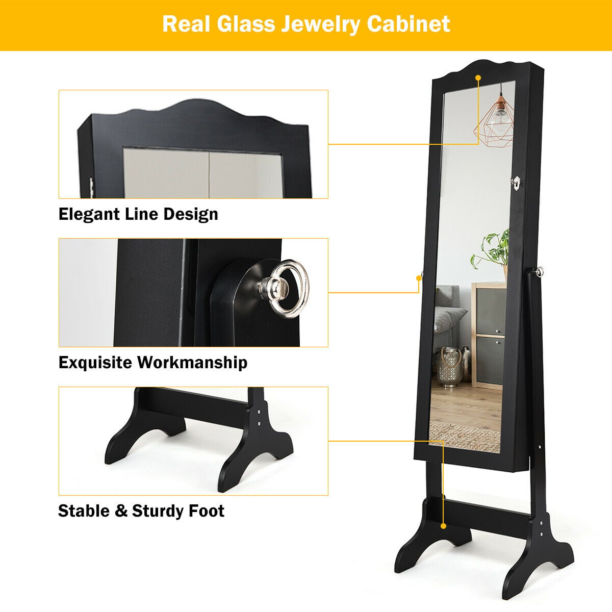 Mirrored Lockable Jewelry Cabinet Armoire Organizer Storage Box-Black-Jewelry Armoires-DECOROLALA
