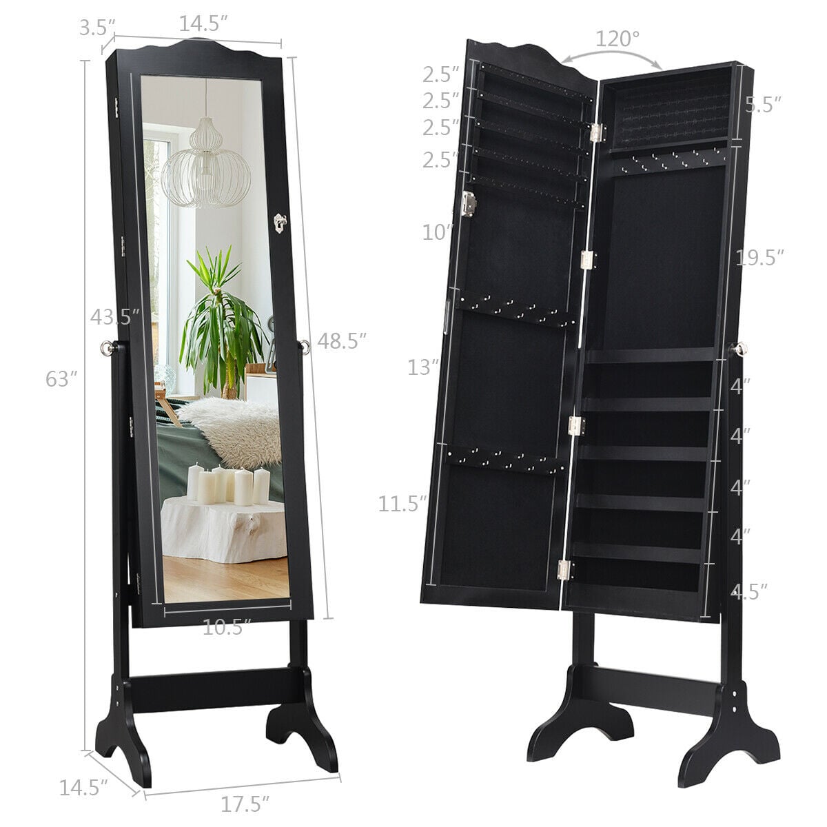 Mirrored Lockable Jewelry Cabinet Armoire Organizer Storage Box-Black-Jewelry Armoires-DECOROLALA